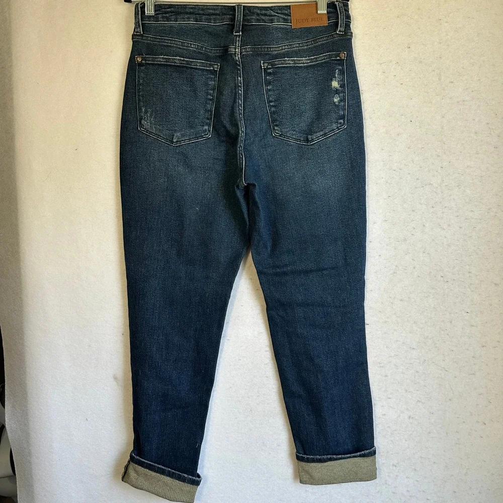 Judy Blue Boyfriend Fit Distressed Plaid Patch Jeans Dark Wash Denim Size 11/30 - Picture 4 of 9